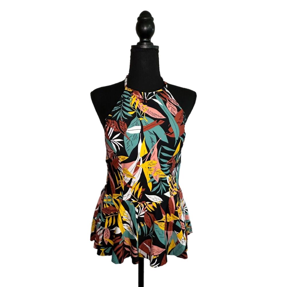 C22 Sea Angel Multi-color Leaf Pattern Swim Top, Large